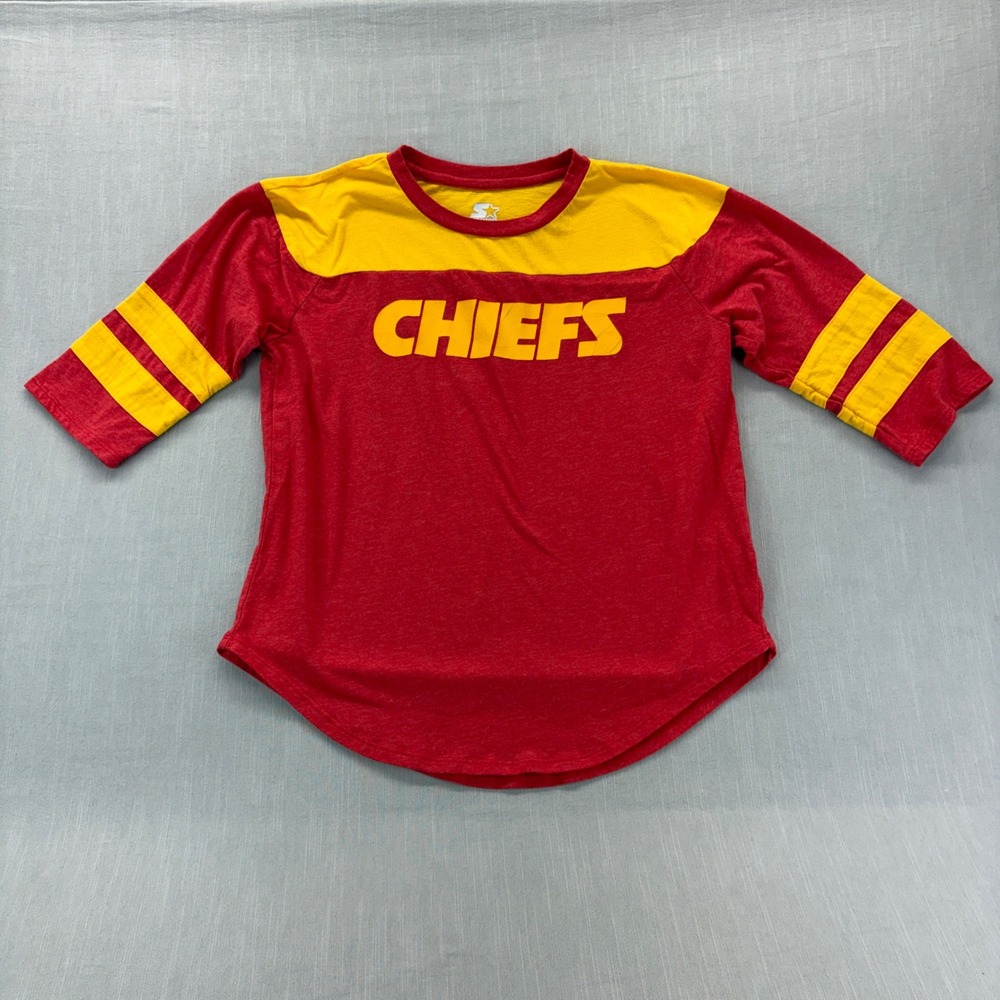 Starter T-Shirt Womens Small KC Chiefs Red Yellow 3/4 Sleeve Graphic Tee